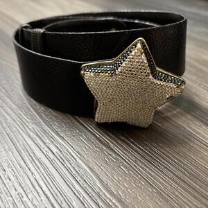 Judith Leiber Star Buckle Belt Black Leather Silver Embellished Rhinestones 36"